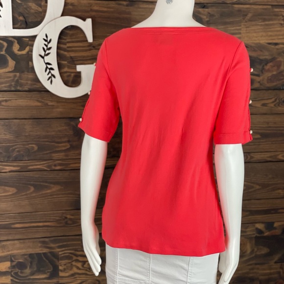 Rafaella | Boat Neck Coral Quarter Sleeve Top‎ Split Open Sleeves Pearl Button - Picture 3 of 7